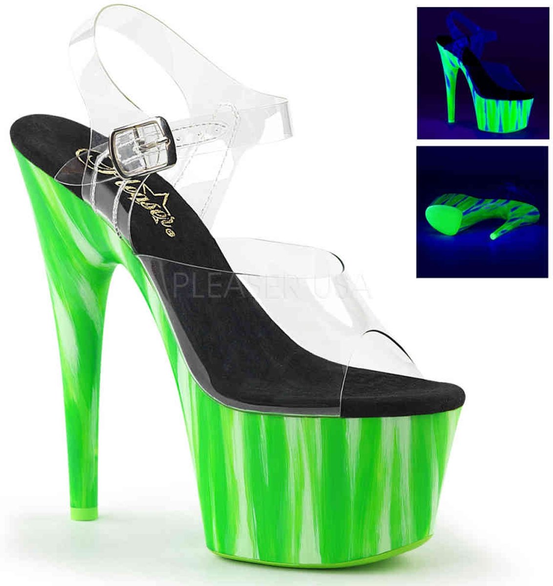 EU 35 = US 5 | ADORE-708UVP | *7 Heel, 2 3/4 UV Reactive PF Ankle Strap Sandal, Cnd Grn